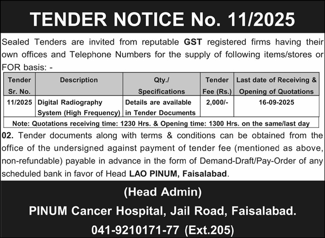 PINUM Cancer Hospital Faisalabad Tender Notice